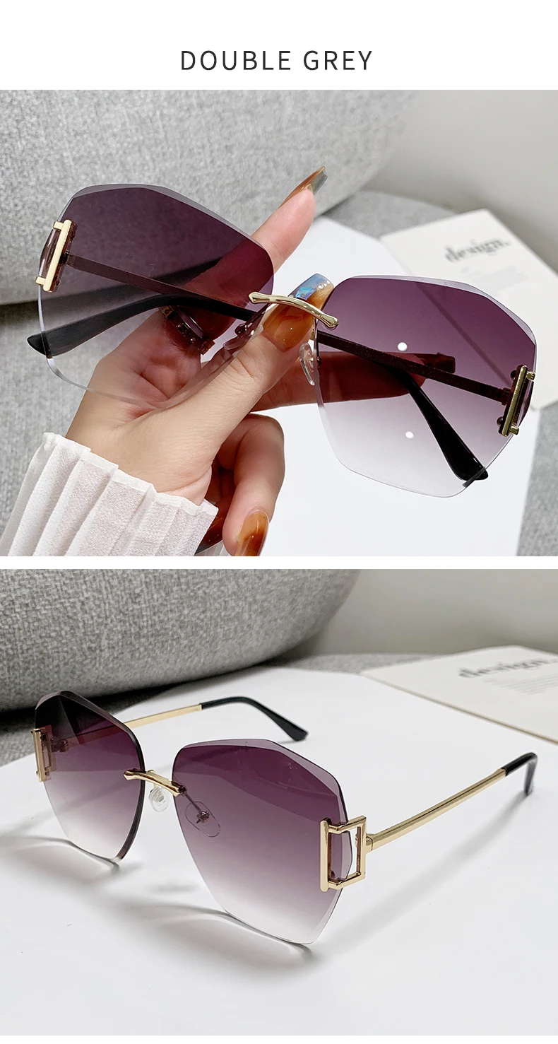 Hochwertige rahmenlose Sonnenbrille in neuer Farbverlauf, polygonale Damenbrille mit großem Rahmen 90252 – Detail 11