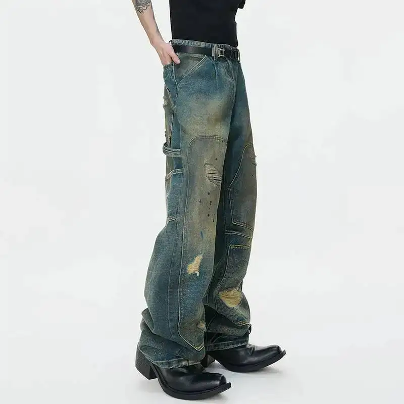 LUZHEN Leg 2026 New Wide Tie-dyed Patched Patchwork Jeans Decorate Men Fashion Handsome Street Straight Denim Pants Male JY8043