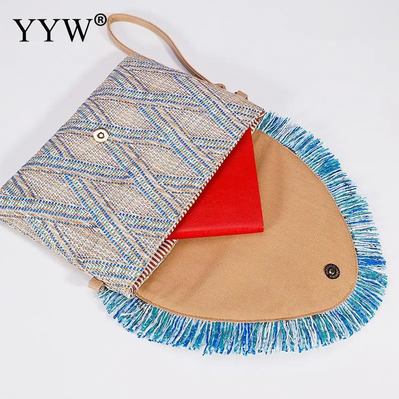 Raffia Woven Clutch Women\'S Fashion Tassel Dinner Straw Bag Woman Summer Casual Vacation Handbags Female Large Purse Pouch 2023