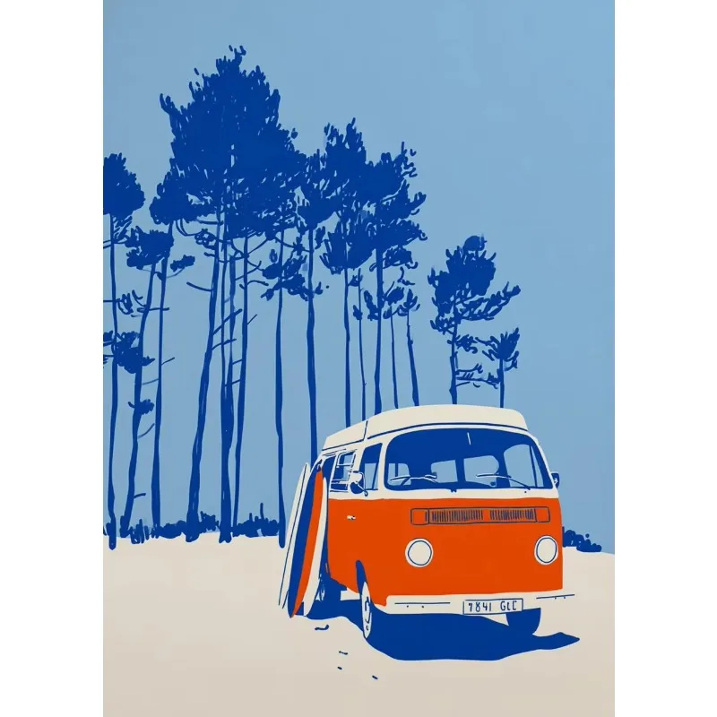 Surf-Kunstposter, Moderner Strand-Ozeanwellen-Wanddruck, Blau-Orange Surfbrett-Leinwandgemälde, Minimalistische Küsten-Heimdekoration