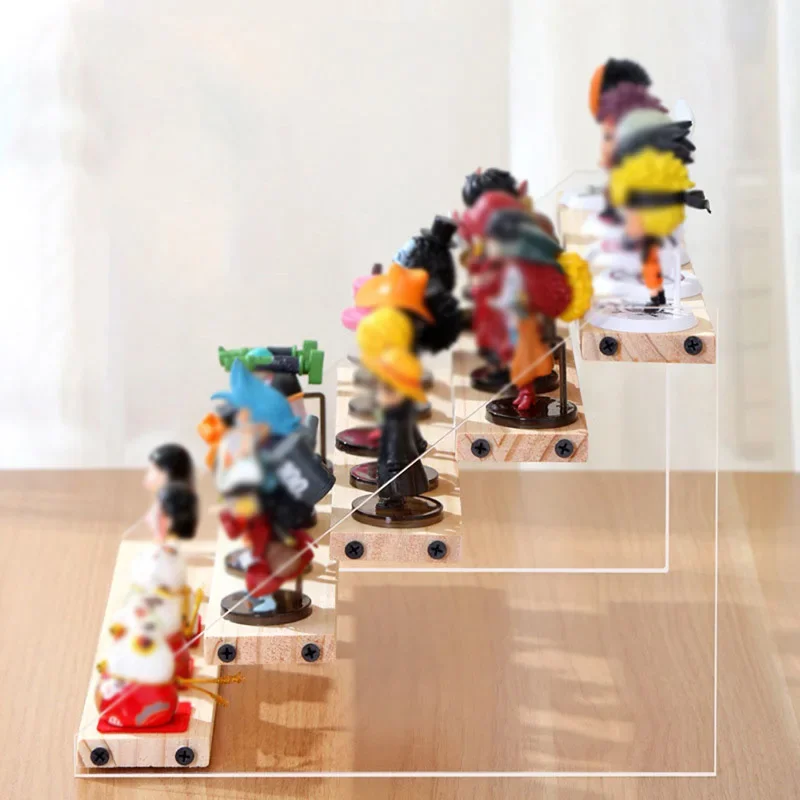 3-5 Tier Transparent Acrylic Base Solid Wood Display Stand Stepped Toys Models Cosmetics Skin Care Products Display Stand