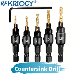 1/4 Hex Shank Countersink Drill Woodworking Drill Bit Set Drilling Pilot Holes for Screw Sizes #5 #6 #8 #10 #12