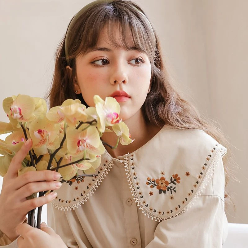 Peter Pan Collar Shirts Women Floral Embroidery Preppy Style Korean Spring Loose Leisure Sweet Girls Students Age-reducing Chic