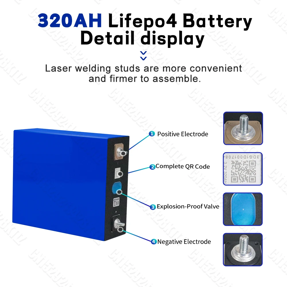 Lifepo4-Batterie 320 Ah 3,2 V brandneue 8000 Zyklen wiederaufladbare Batterien DIY 12 V 24 V 48 V RV EV Boot Golfwagen Yacht Van Zellenpaket – Detail 7