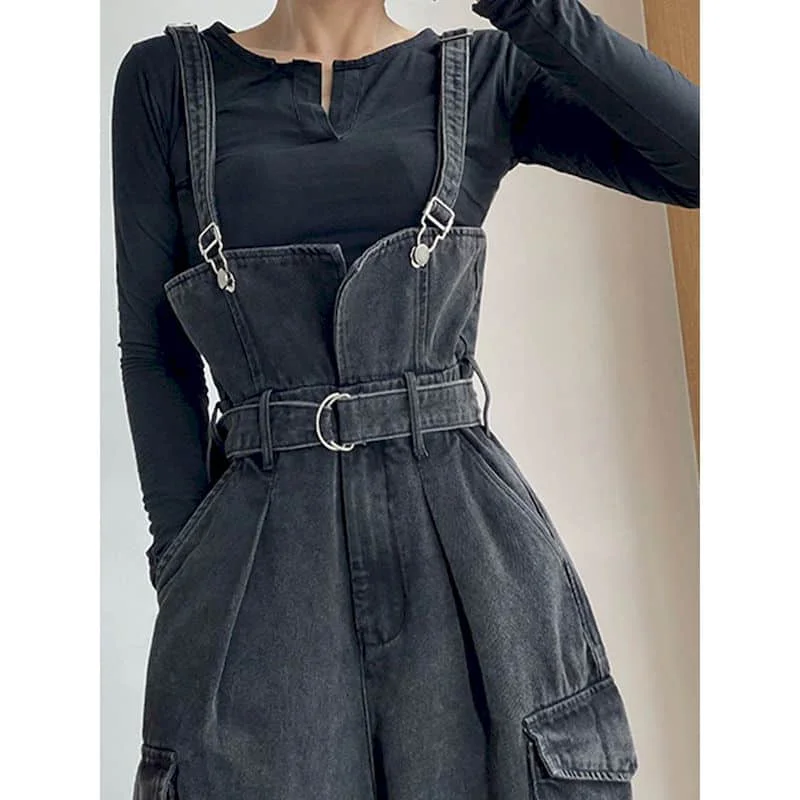 Black Denim Jumpsuits for Women Korean Style Vintage Playsuit Wide leg pants Loose Trousers Oversized Overalls for Women Clothes