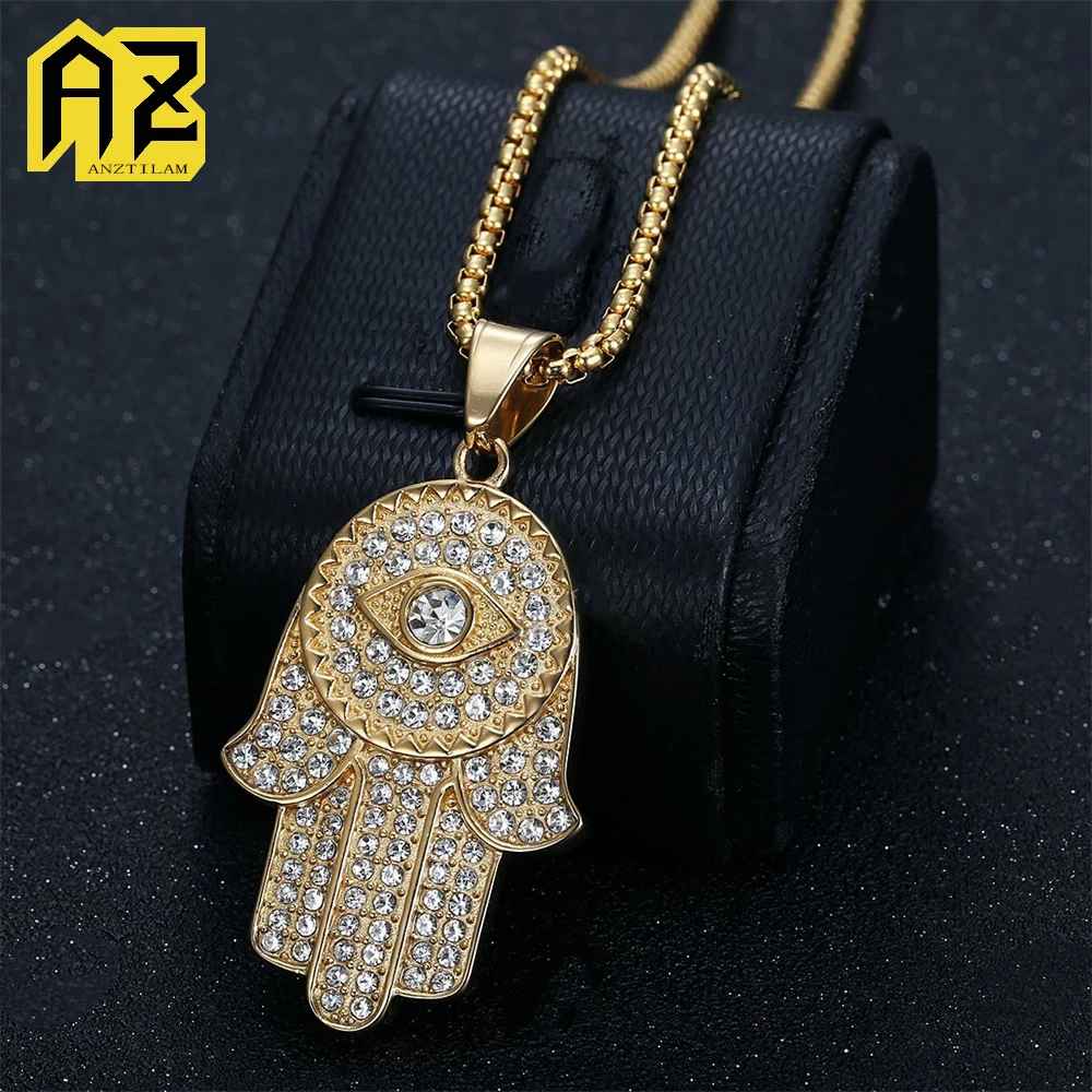 

Anztilam Fatima Hand No Fade 316L Stainless Steel Iced Out Pendant with Long Link Chain Necklaces for Women Men Hip Hop Jewelry