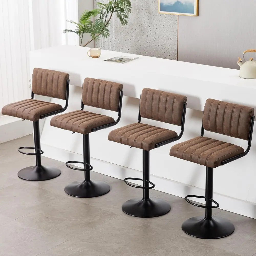 

Set of 4 Adjustable PU Leather Swivel Bar Stools with Back and Footrests, Brown
