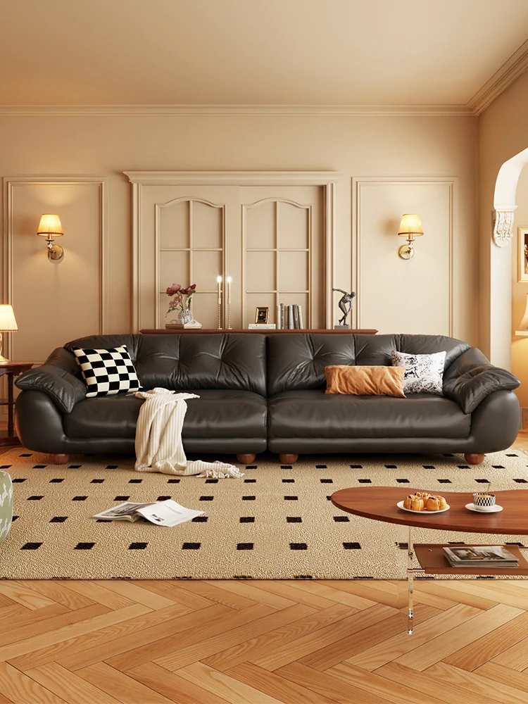 Sofa Vintage First Layer Cowhide Big Black Cow Black Straight Row Living Room Small Apartment Cloud Middle Ancient Sofa