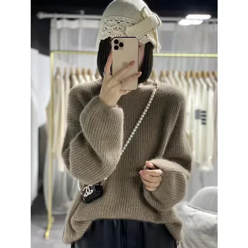 Women Wool Pullover Round Neck Lantern Sleeves Sweater Women's Knitted Keep Warm Top Autumn Winter Loose Casual Winter Clothes