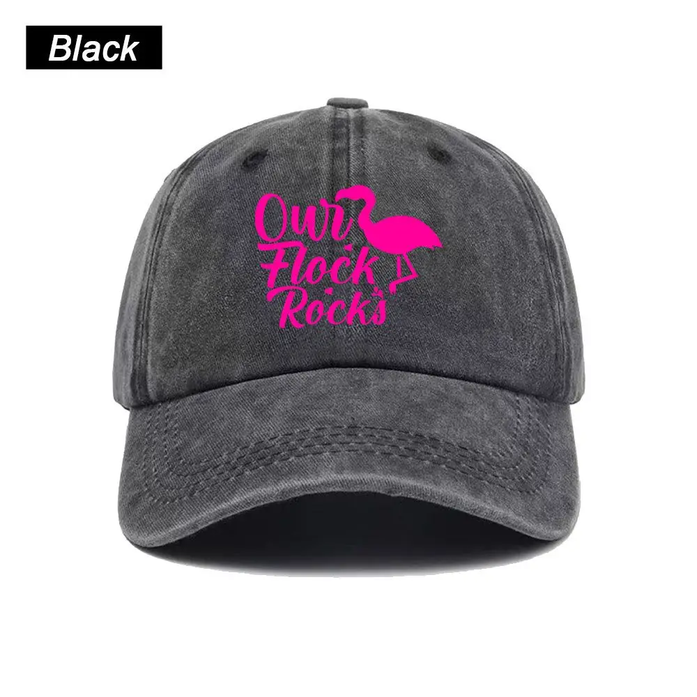 Vintage Washed Baseball Cap Pink Flamingo Our Flock Rocks Quote Print Graphic Unisex Streetwear Casual Trucker Style Cotton Hat