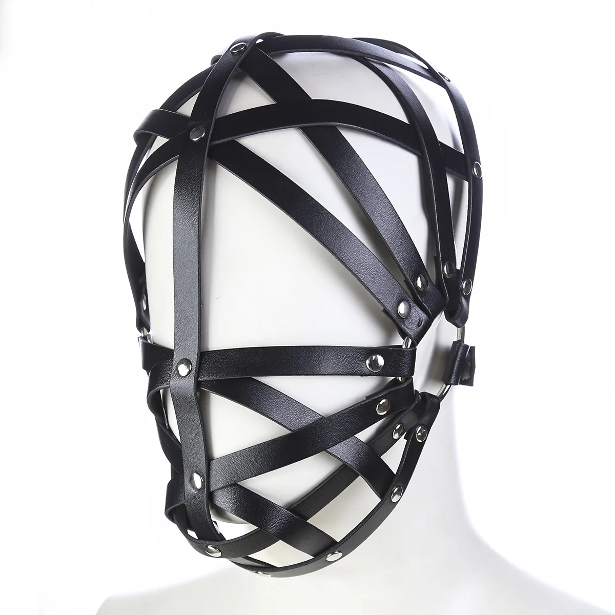 Black PU Bandage Men Head Cover Sexy  Hollow Out Leather Masks Cosplay Face Cover Adult Roleplay Party Visor Metal Buckle