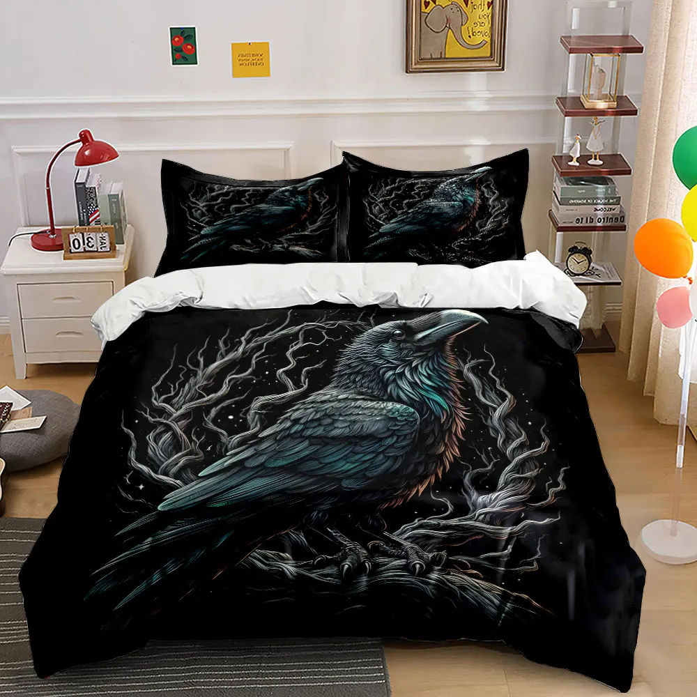 

Dark-Themed Crow on a Branch Pattern Duvet Cover Set Digital Print Colorful Polyester Bedding with Zipper Closur for kids gifts