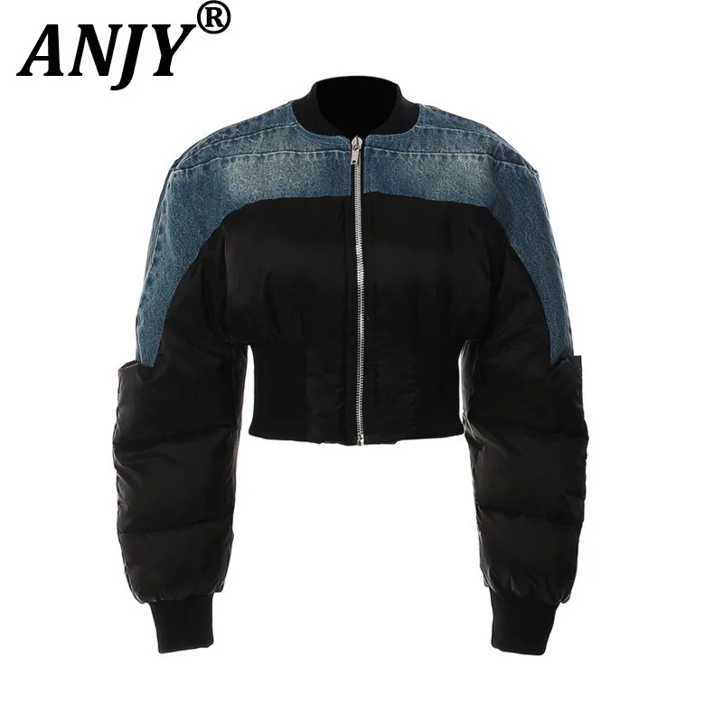 

ANJY 2022, осенне-зимние новые женские джинсовые потертые лоскутные стеганые пальто, элегантные хлопковые куртки, топы на молнии, Ins A14059