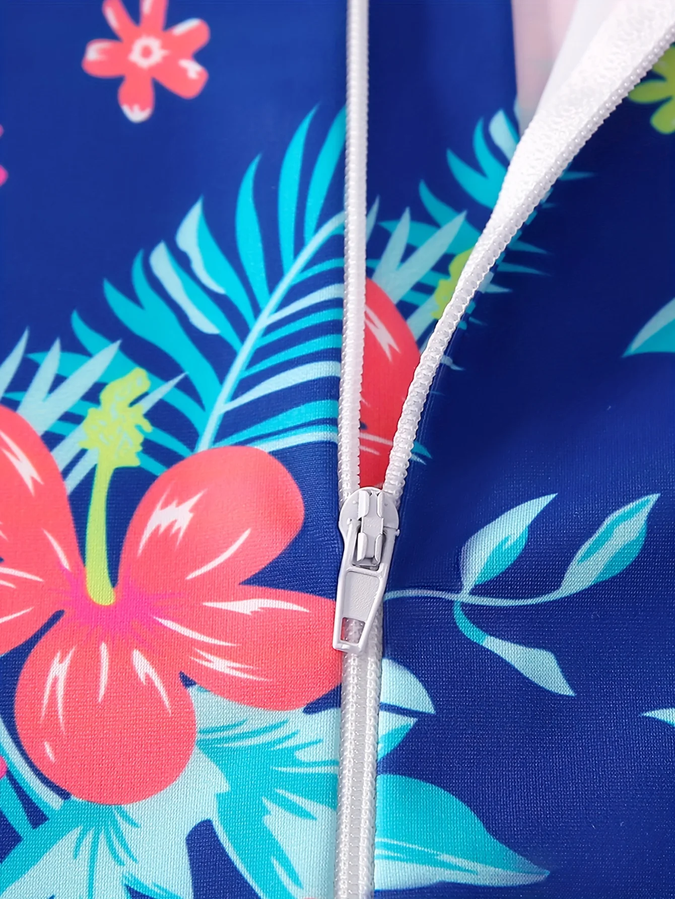 Girls Tropical Hibiscus Floral  Long Sleeve Swimsuit Zipper Front Quick Dry Bathing Suit for Beach Pool Vacation