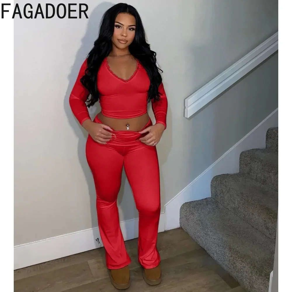 FAGADOER Autumn New Lace Splicing Home Two Piece Sets For Women Round Neck Long Sleeve Crop Top And Skinny Pants Outfits 2024