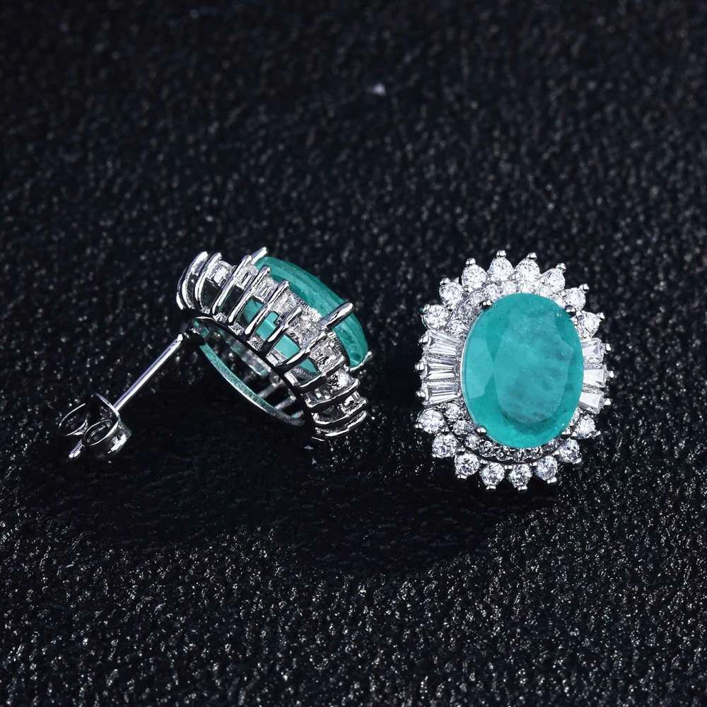 925 Silver Needle Oval Shape Paraiba Tourmaline Gemstone Stud Earrings For Women Wedding Statement Jewelry Anniversary Gift