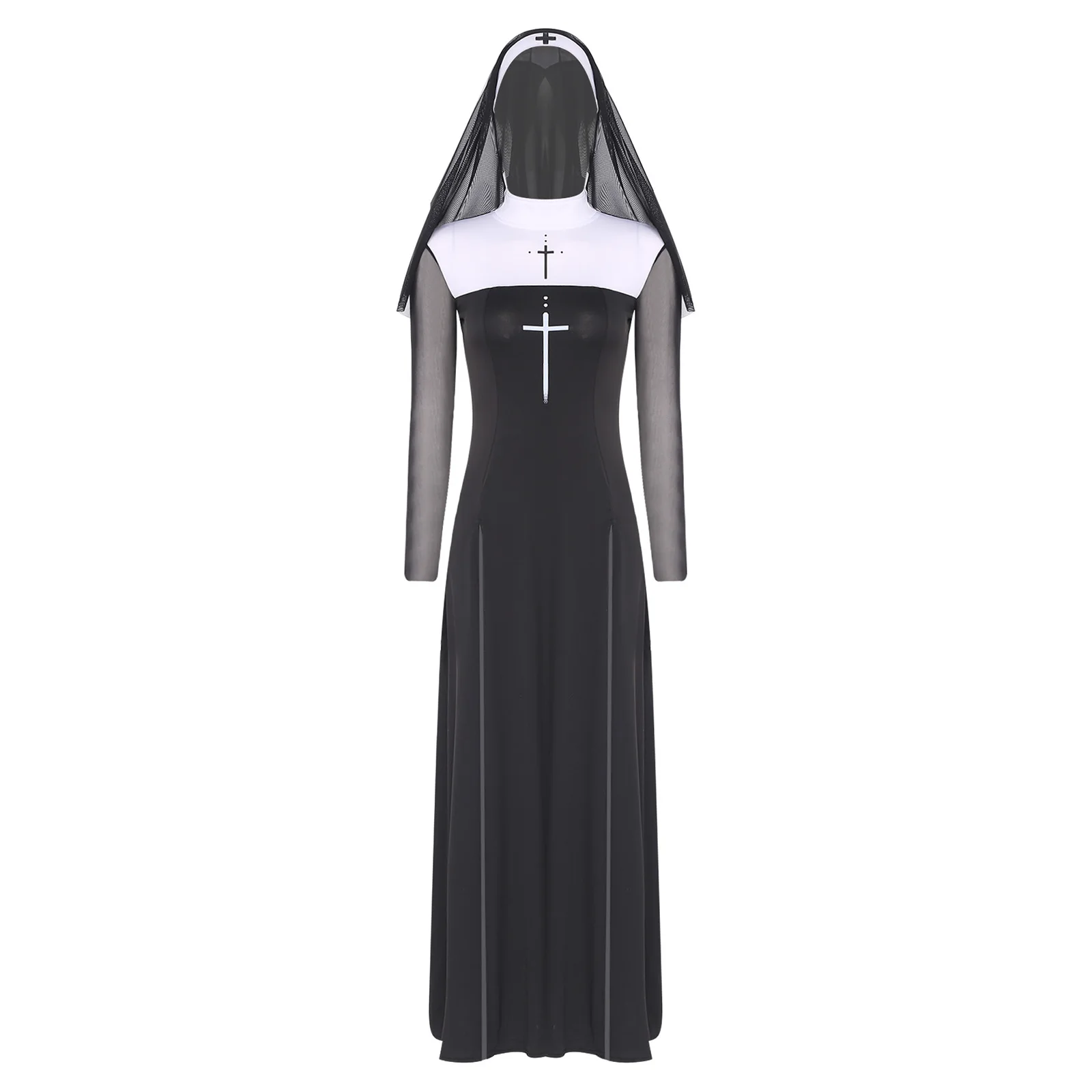 Womens Nun Cosplay Dress with Veil Cross Print Mesh Long Sleeve Slit Hem Dresses with Attached Veil Carnival Fancy Dress Ups view 3