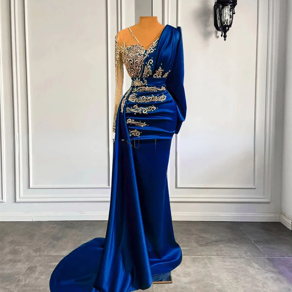 Sexy Formal Gowns Sheer Tulle V-Neck Long Sleeves Beading Applique Party Dresses For Lady Celebrity Evening Dress