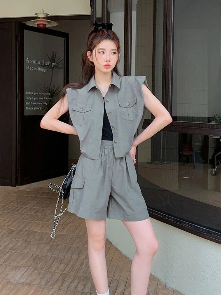 

Korean Style Novelty In Complete Full Kit Light Women's Short Sets 2 Pieces Sleeveless Plain Female Shorts Cotton Vest Two-piece