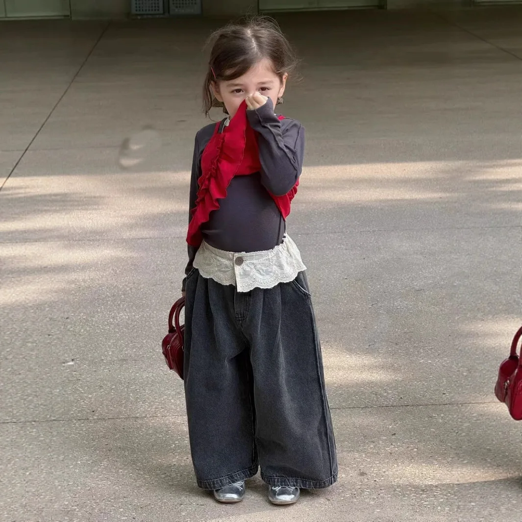 

Girls 2025 Autumn New Children's Loose Foreign Style Lace Jeans Straight Wide Leg Pants