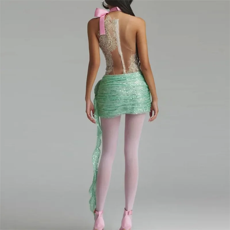 Shiny Sequins Green Prom Dress 3D Flower Sexy Sleeveless Sheer Short Mini Formal Wedding Evening Robe Banquet Party Bridal Gown