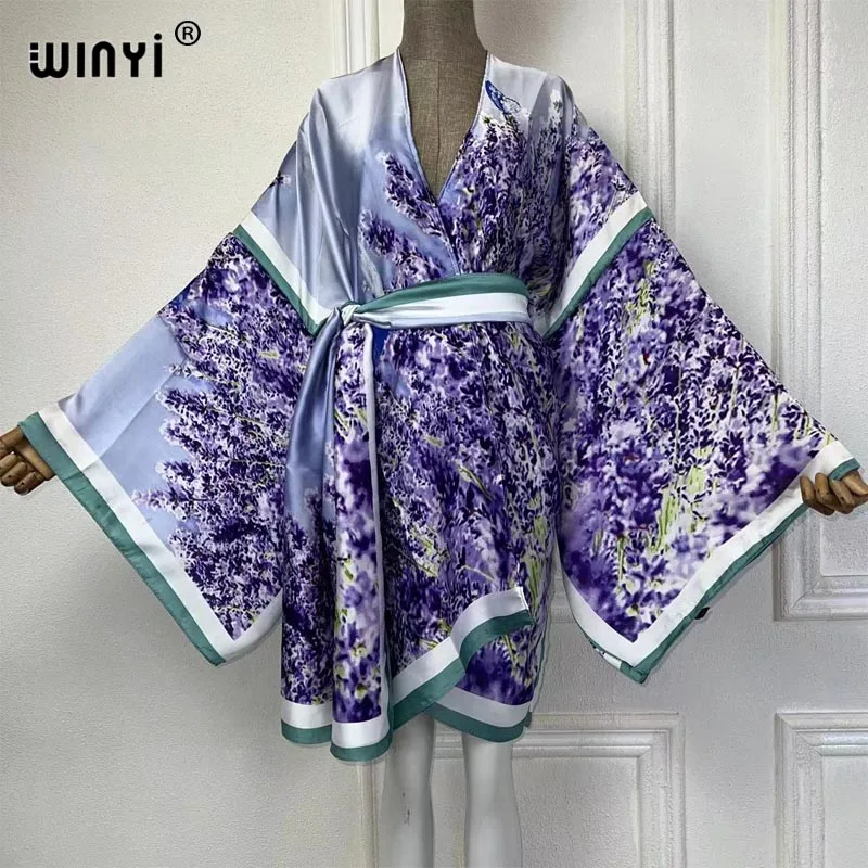 WINYI African Boho print Kimono Summer beach wear women Cardigan Holiday long Sleeve silk feeling bikinis cover up party dress