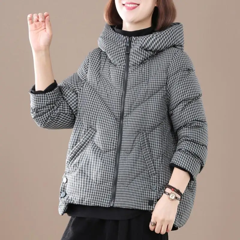 

Thiened White Du down Coat Women's Winter Jaet Hooded Plaid Padded Coat Large Size Conceal Meat Commute Sle