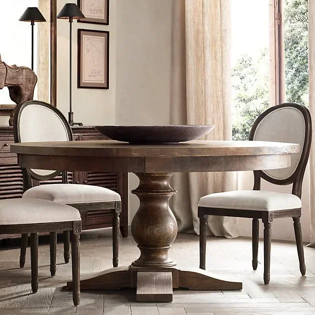 French rural retro solid wood household round dining table wabi sandy wind small apartment restaurant 6 people dining table