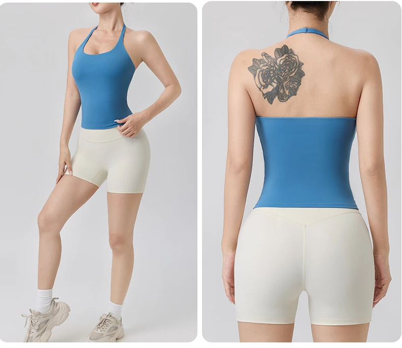2-teiliges Sport-Set mit Neckholder-Top und Riemchen-BH, Shorts, nahtlosem Yoga- und Fitness-Leggings-Set, Lauf- und Fitness-Sportshorts-Anzug für Damen – Detail 7