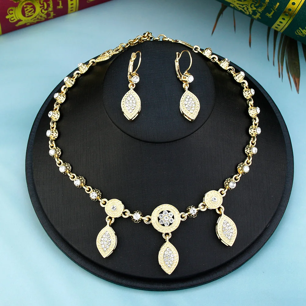 Sunspicems Gold Color Algeria Hair Chain Bride Wedding Jewelry Sets Crystal Head Chain for Women Forehead Chain Hair Jewelry