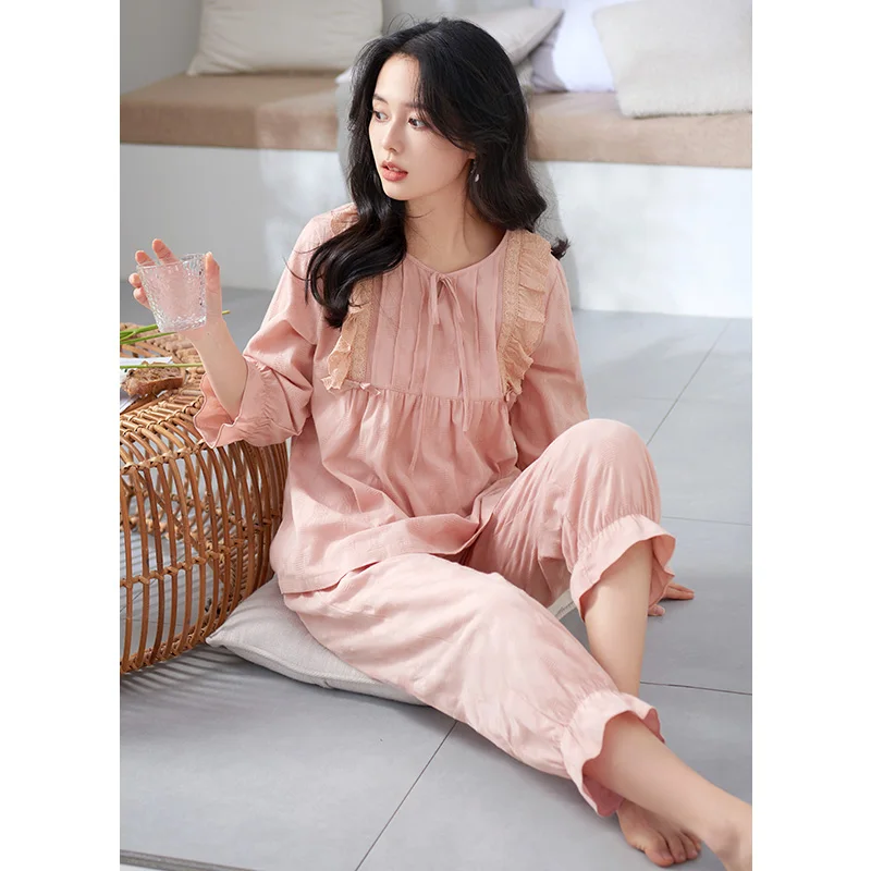 womens pajamas set woven full cotton tracksuit for women fashion lace short sleeve vestidos lovely princess sleepwear pijamas