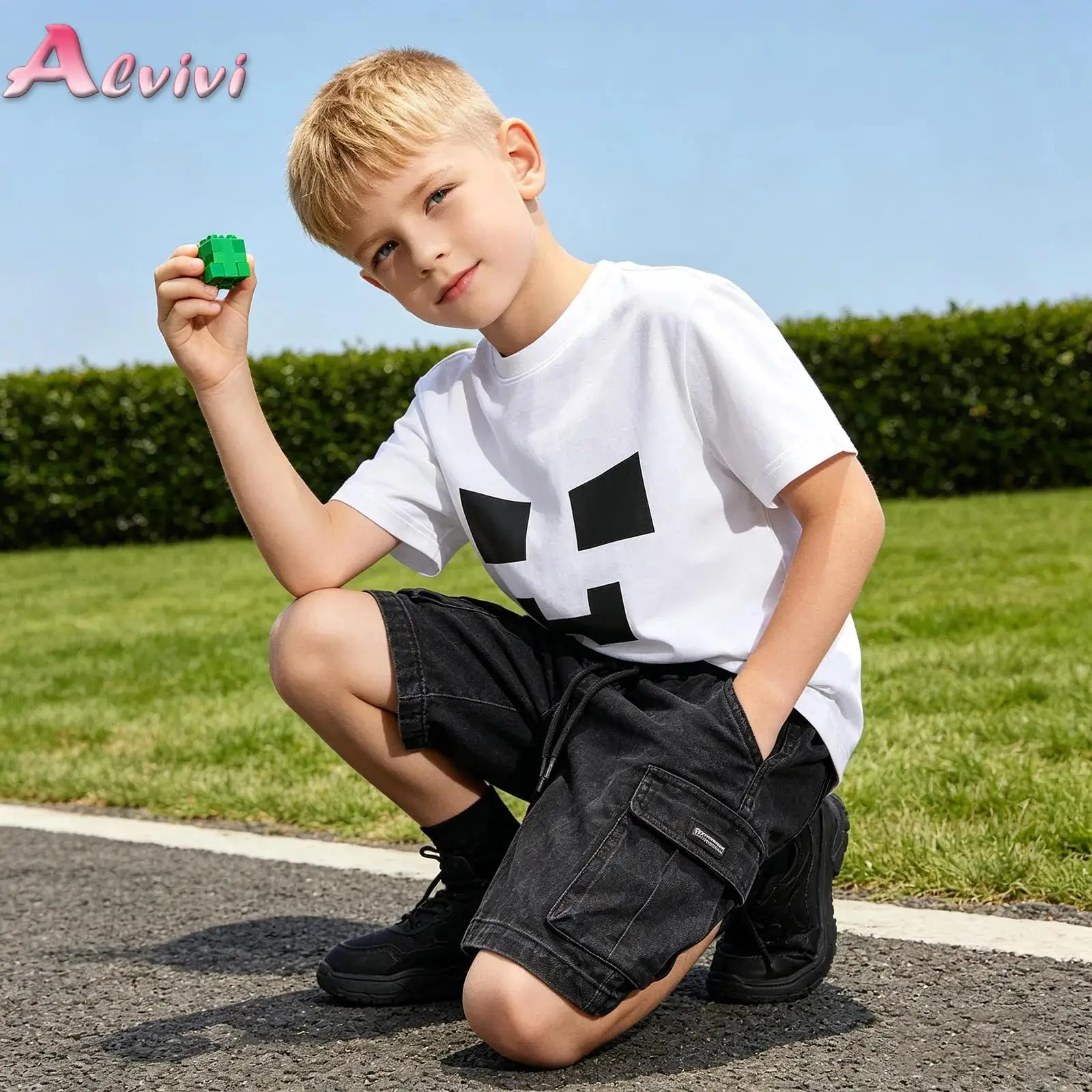 

Retro Pattern T-Shirt Kids Boys Girls Game Character Costume Top Short Sleeve Graphic T-shirt for Birthday Player Gathering