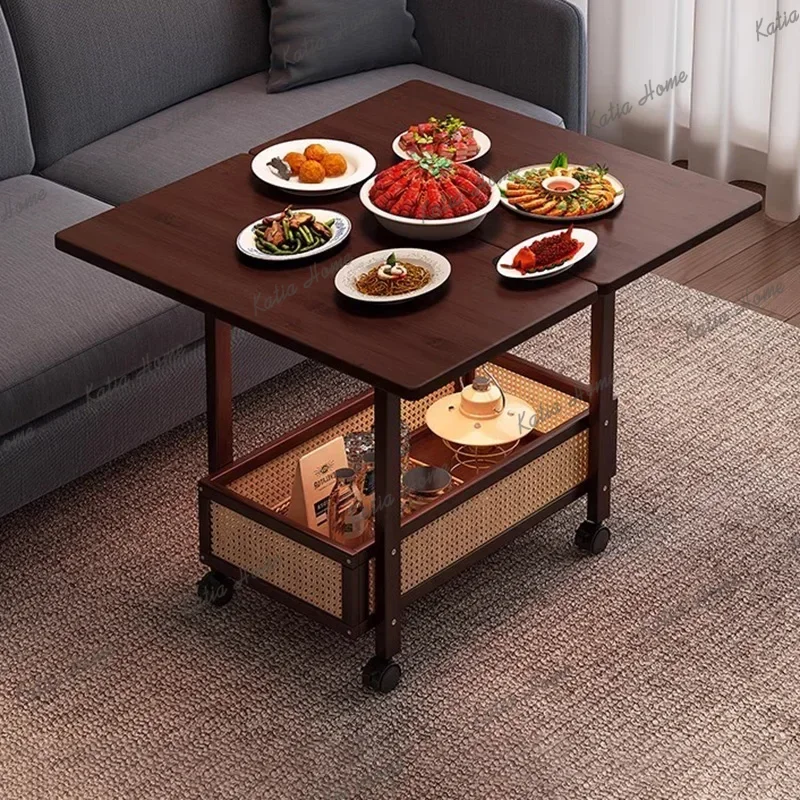 YJ Folding Mobile Coffee Table Rattan On Wheels Vintage Rustic Coffee Table Multifunction Modern Mesa De Centro Furniture Home