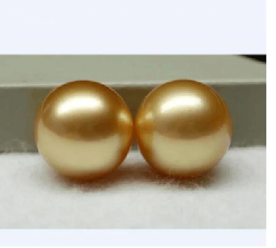 

Perfect Round AAAA 10-9mm South China Sea Gold Pearl Earrings in 14k Gold