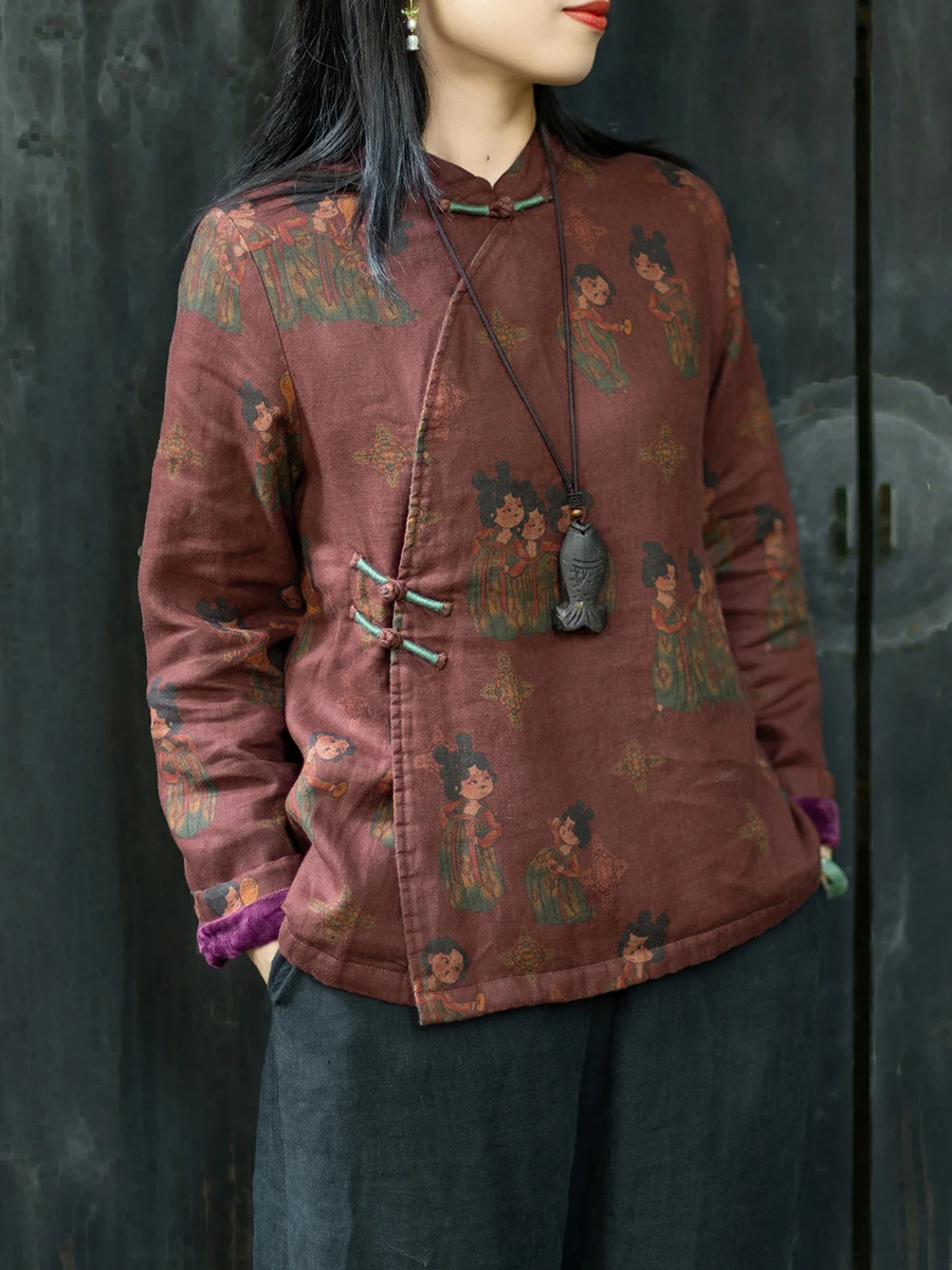 

Женский топ Nian Jiangnan из гибкого льняного хлопка с принтом, воротником-стойкой и застежкой на пуговицах, в национальном стиле