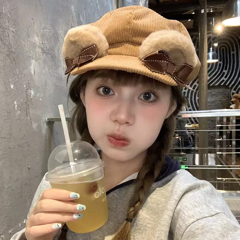 Corduroy Bear Ball น่ารัก Beret หมวกหญิงฤดูใบไม้ร่วงฤดูหนาวน่ารักตารางหมวกแปดเหลี่ยม Classic Street Casquette ฤดูใบไม้ผลิ Berets ผู้หญิง