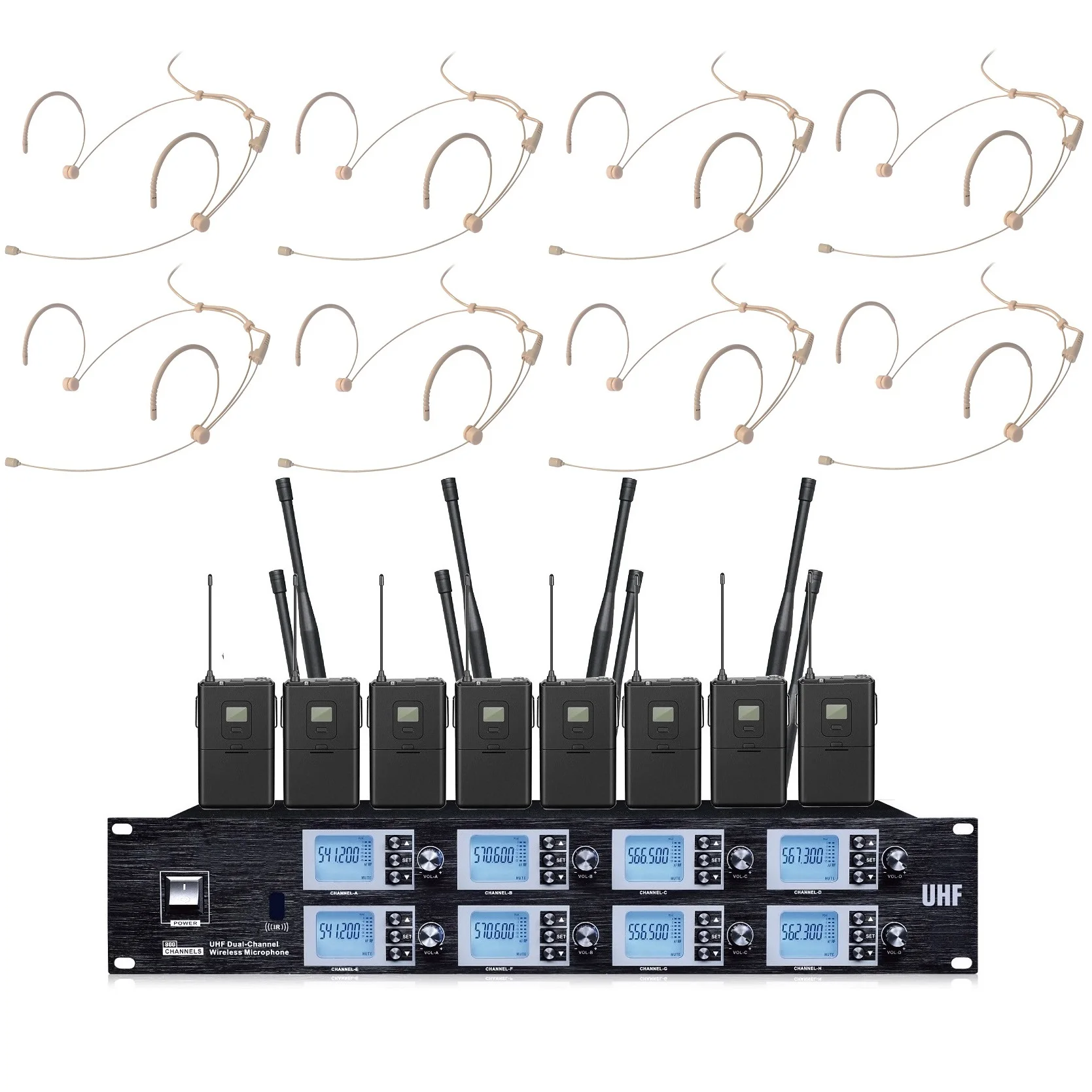 Standard Bolymic 8800 8x100 Channel UHF Wireless Cordless Microphone System 8 Beltpack 8 Headset Mic for Theatre Church Schools