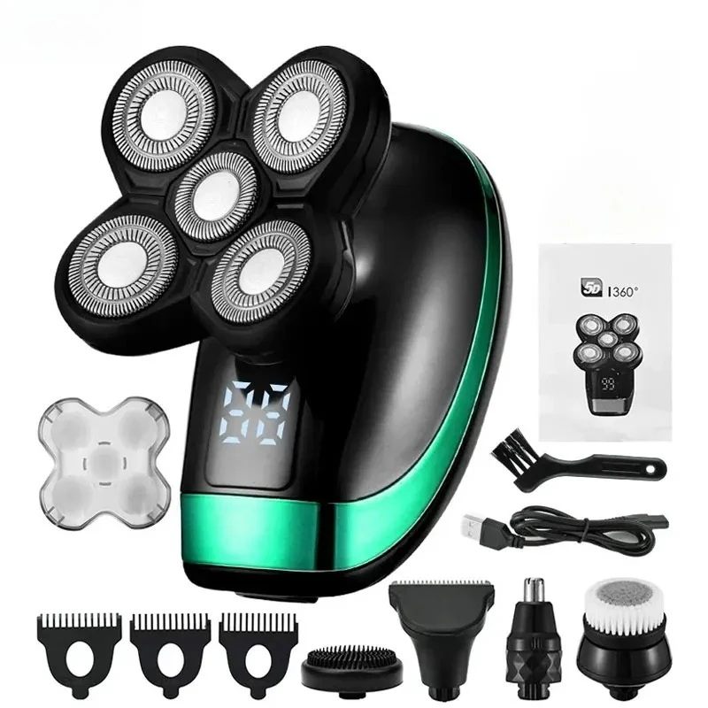5 in 1 Men's Rechargeable Electric Shaver 5 Floating Head Beard, Nose and Whisker Trimmers 4D Skinhead Shaver Groomer