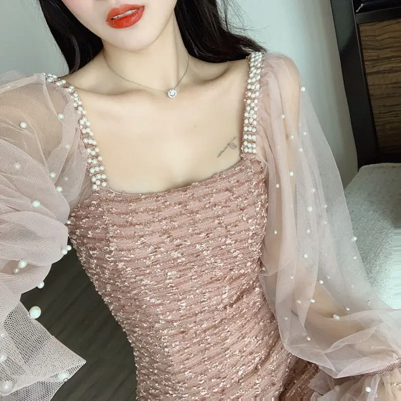 Nightclub Outfit New Fashionable Sexy Slim Fit Versatile Mesh Bubble Sleeves Elegant Dress for Women