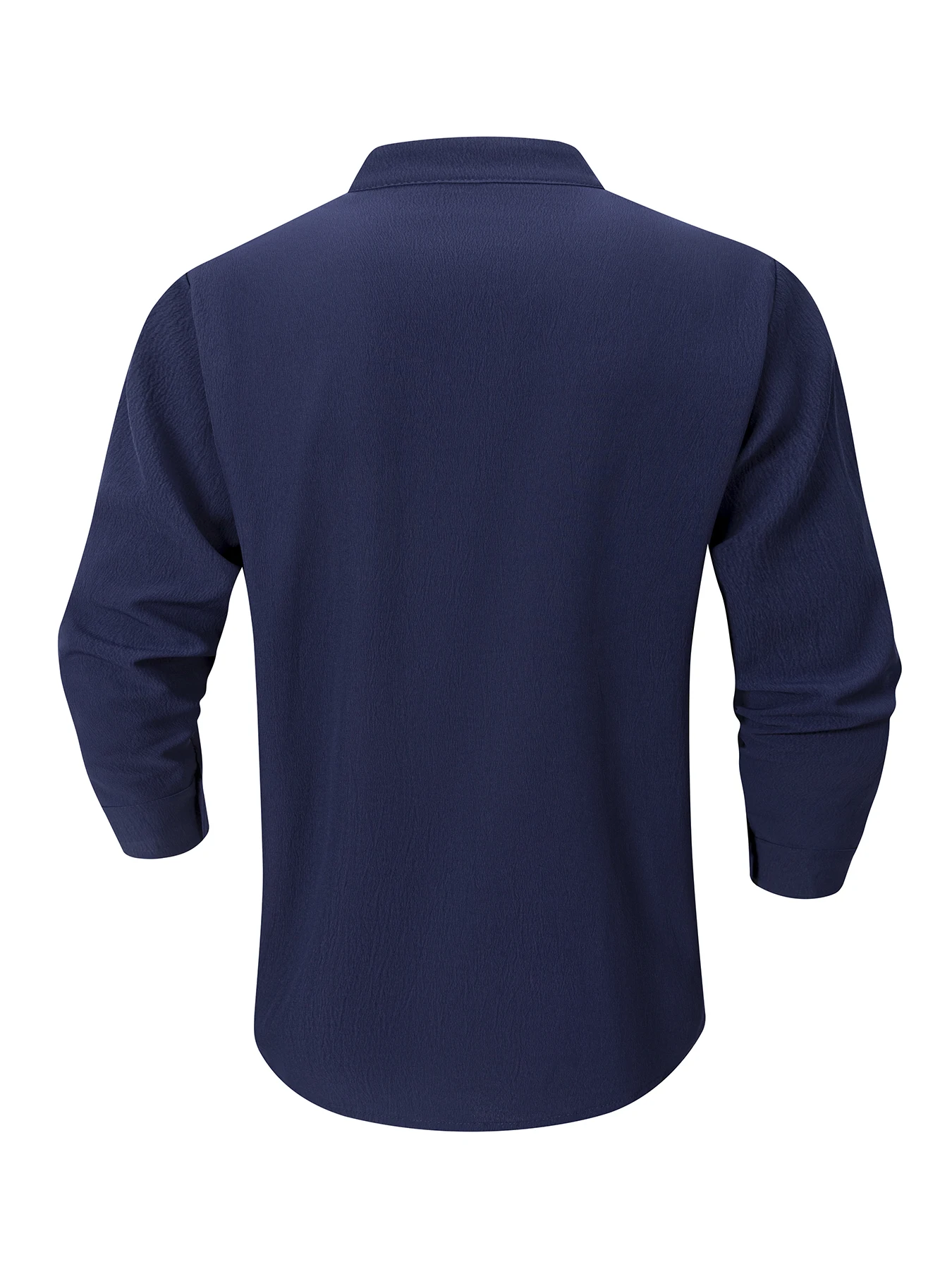 Men Mandarin Collar Henley Long Sleeve Shirt Crinkled Lightweight Breathable Fabric Roll Up Sleeve Half Casual Shirt For Beach