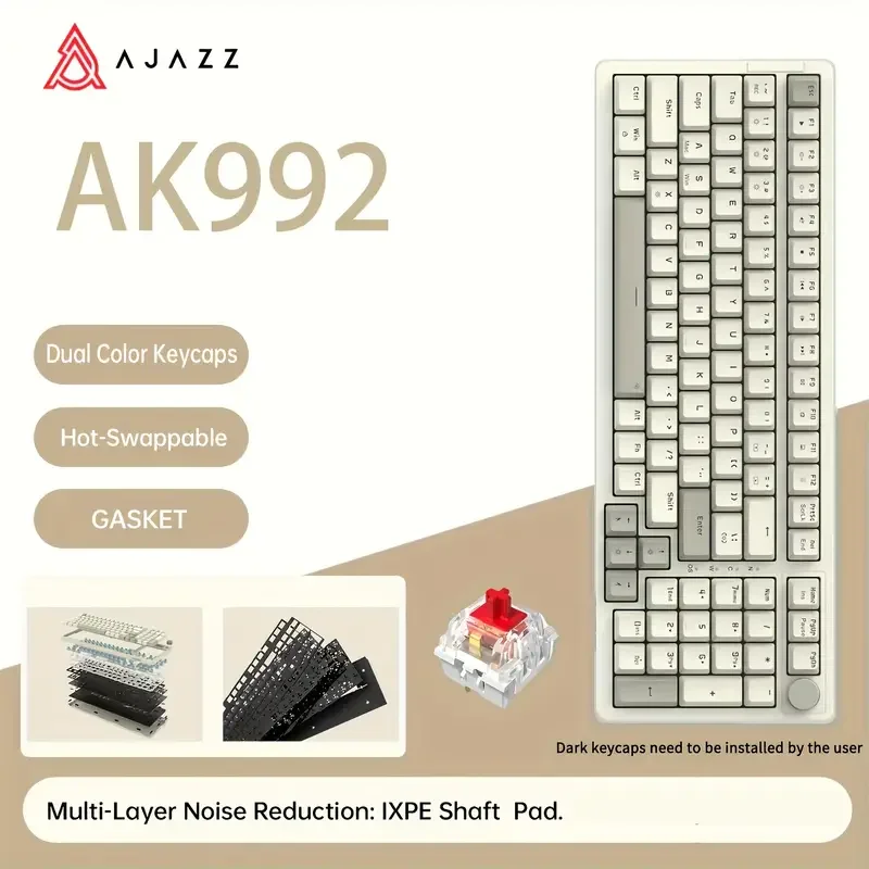 AJAZZ AK992 Kabelgebundene mechanische Retro-Gaming-Tastatur mit roten Schaltern. Double-Shot-Tastenkappen. Hot-Swap-fähige Gasters