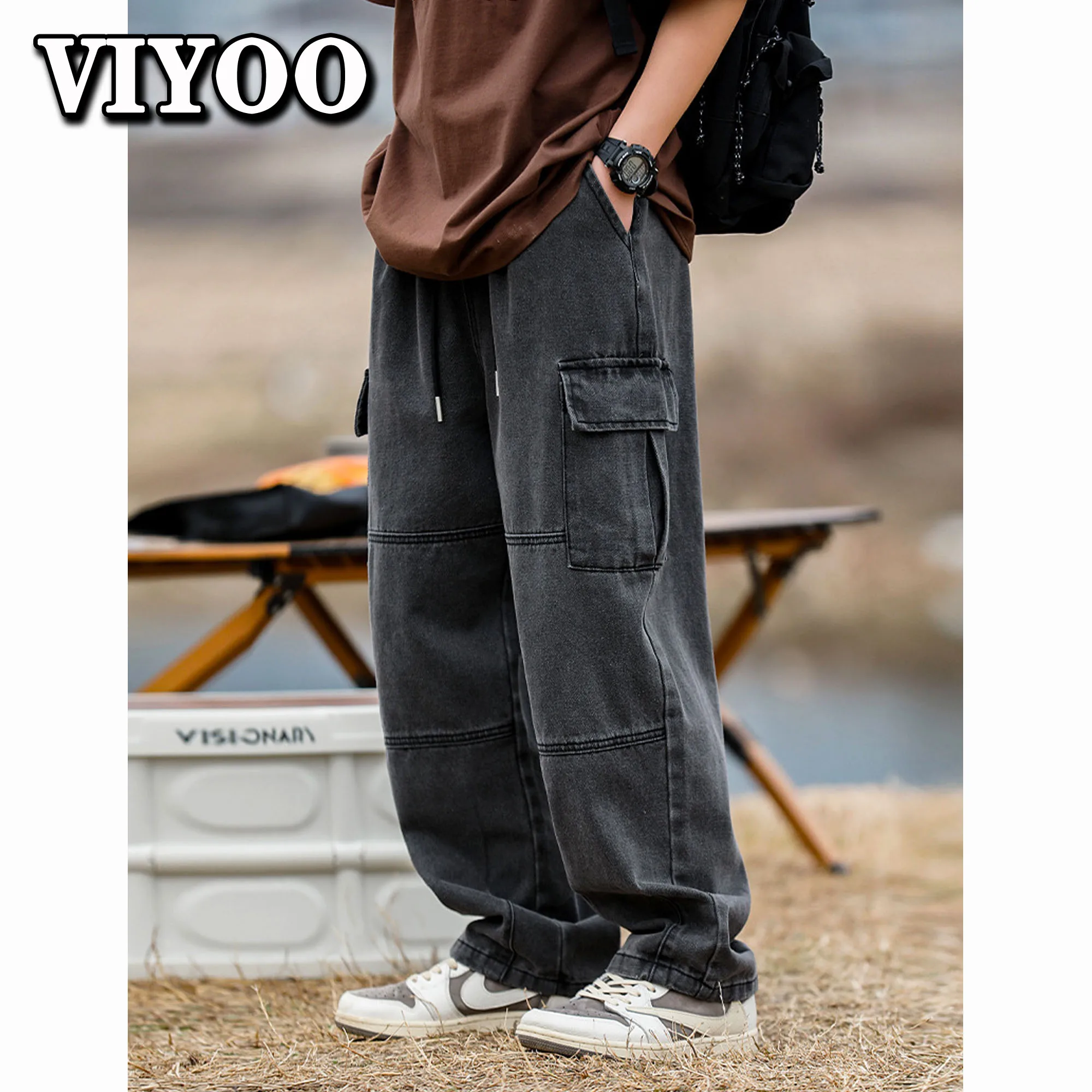 Men\'s HipHop Drawstring Pocket Jeans Baggy Y2K Wide Leg Denim Cargo Pants Streetwear Sweatpants Trousers Harajuk Pants For Men