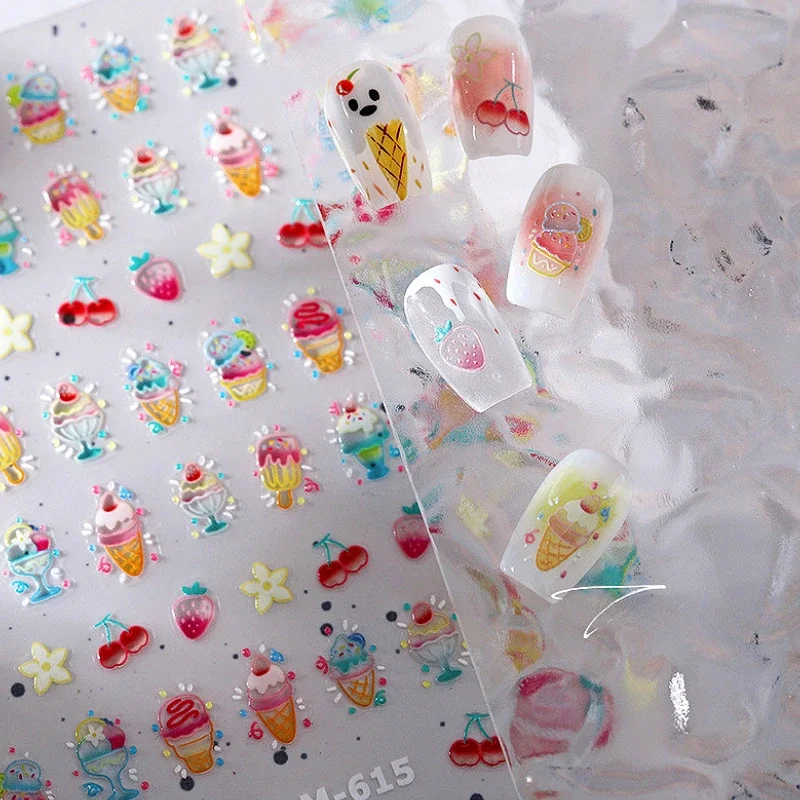 Colorful Ice Cream Cone Cherry Strawberry Flower Food Pudding Jelly Eyes Fruit Pizza Cake Cookie Nail Art Sticker Manicure Decal