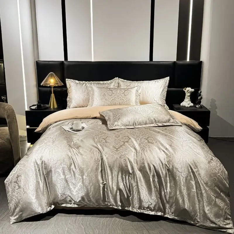 luxury European-style ice silk jacquard four-piece set, brocade Quilt Cover, Summer Bed Sheet, Bedding Washed Four-piece Set