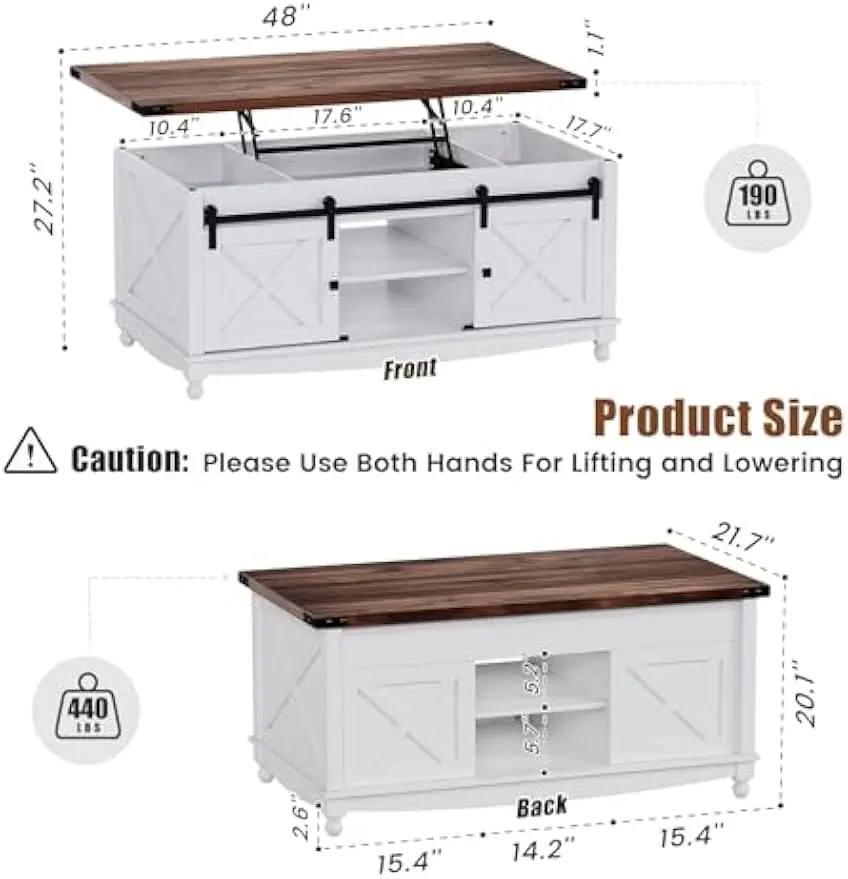 Farmhouse Lift Top Coffee Table with Storage Sliding Barn Door & Large Hidden Compartment, Coffee Table