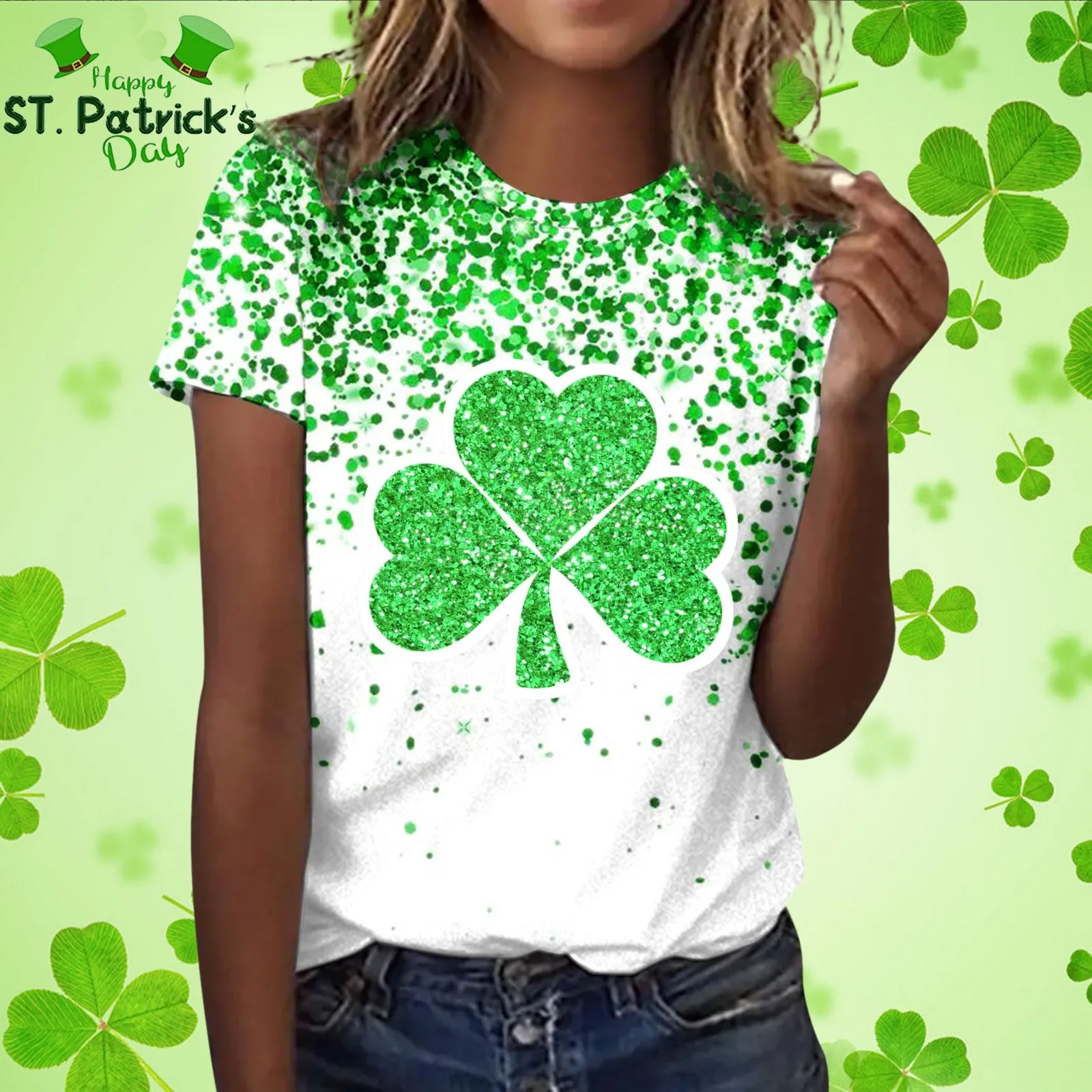 Irish St.Patrick's Day T-shirt Women Fashionable Four Leaf Clover Print T Shirt Top Round Neck Short Sleeve Tunic Ireland Tees