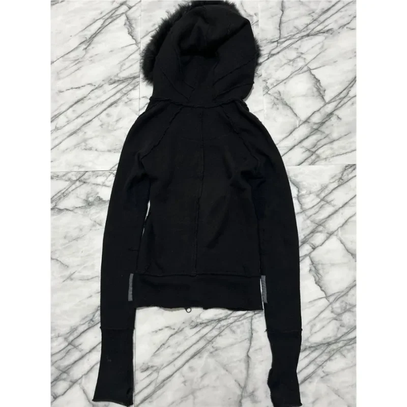 ญี่ปุ่นVINTAGE FUR Patchwork Hoodieเสื้อ 2025 All-Matchเสื้อสเวตเตอร์ถักสีดําผู้หญิงฤดูใบไม้ร่วงSlim Fitเสื้อแขนยาว