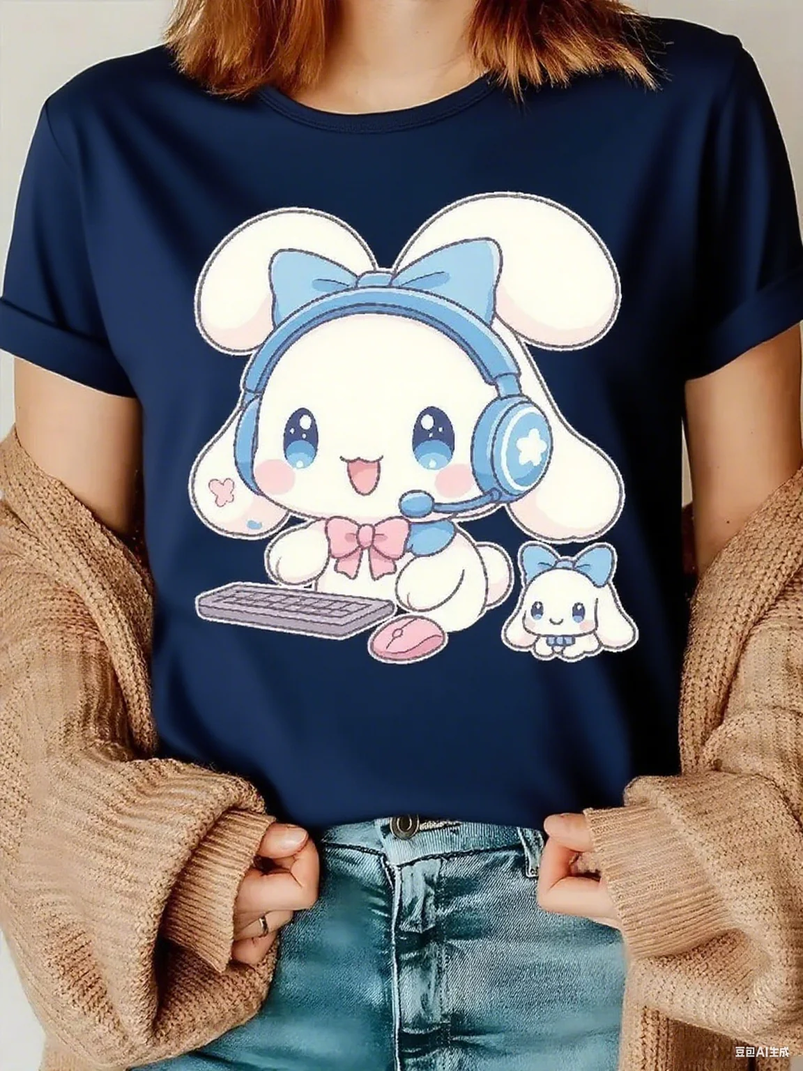 Cute Bunny with Headset Keyboard Pure Cotton T - Shirt Adorable Cartoon Rabbit in Gamer Style Fun Graphic Tee Arrival Tee S-4XL