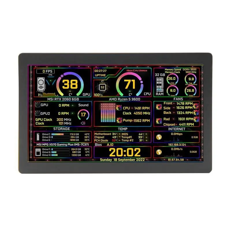 A29F-7 Inch IPS Type-C Secondary Screen Dynamic 1024X600 LCD Display CPU GPU RAM Monitoring Support Vertical Freely AIDA64