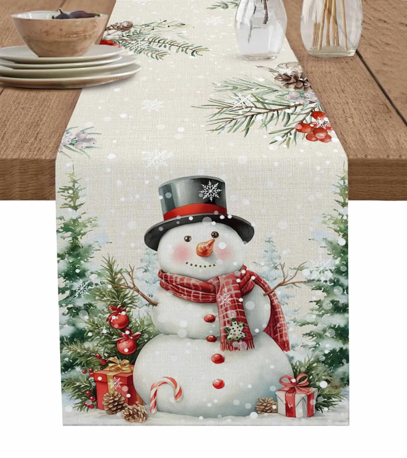 Snowman Christmas Tree Squirrel Table Runner Wedding Dining Table Decoration Table Runner Holiday Dining Tablecloth